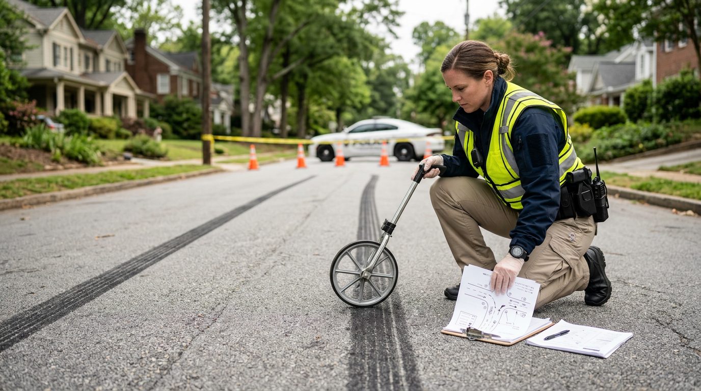 A crash investigator measures skid marks on a quiet suburban road in daylight, holding a folded traffic diagram.