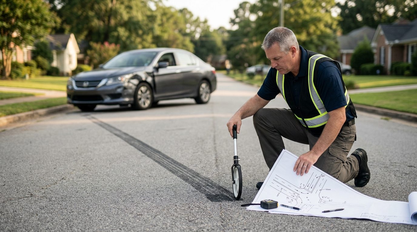 A crash investigator measures skid marks on a quiet suburban road in daylight while holding a folded traffic diagram.
