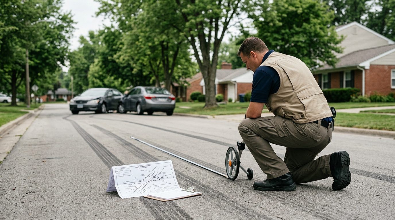 A crash investigator measures skid marks on a quiet suburban road in daylight while holding a folded traffic diagram.