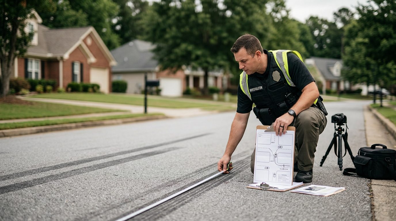 A crash investigator measures skid marks on a quiet suburban road while holding a folded traffic diagram in daylight.