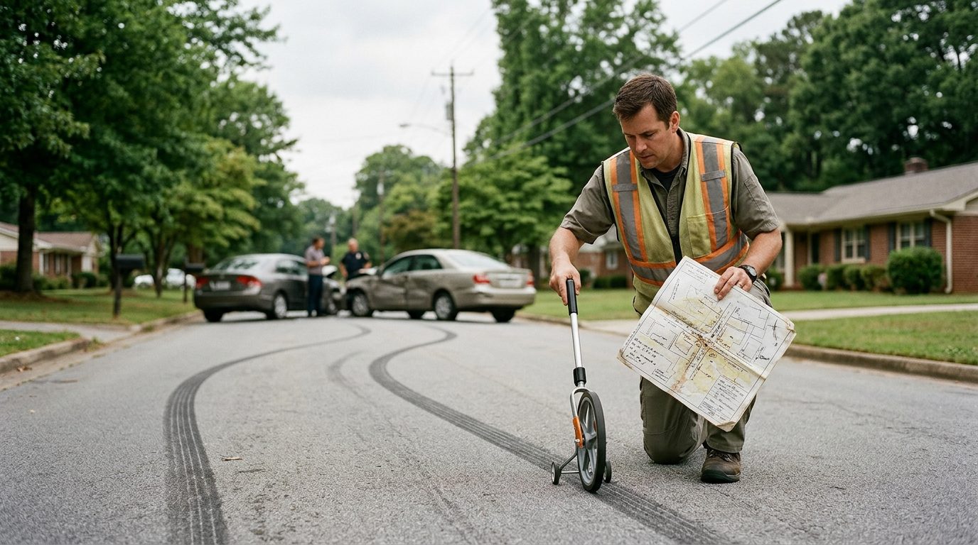 A crash investigator measures skid marks on a quiet suburban road in daylight while holding a folded traffic diagram.