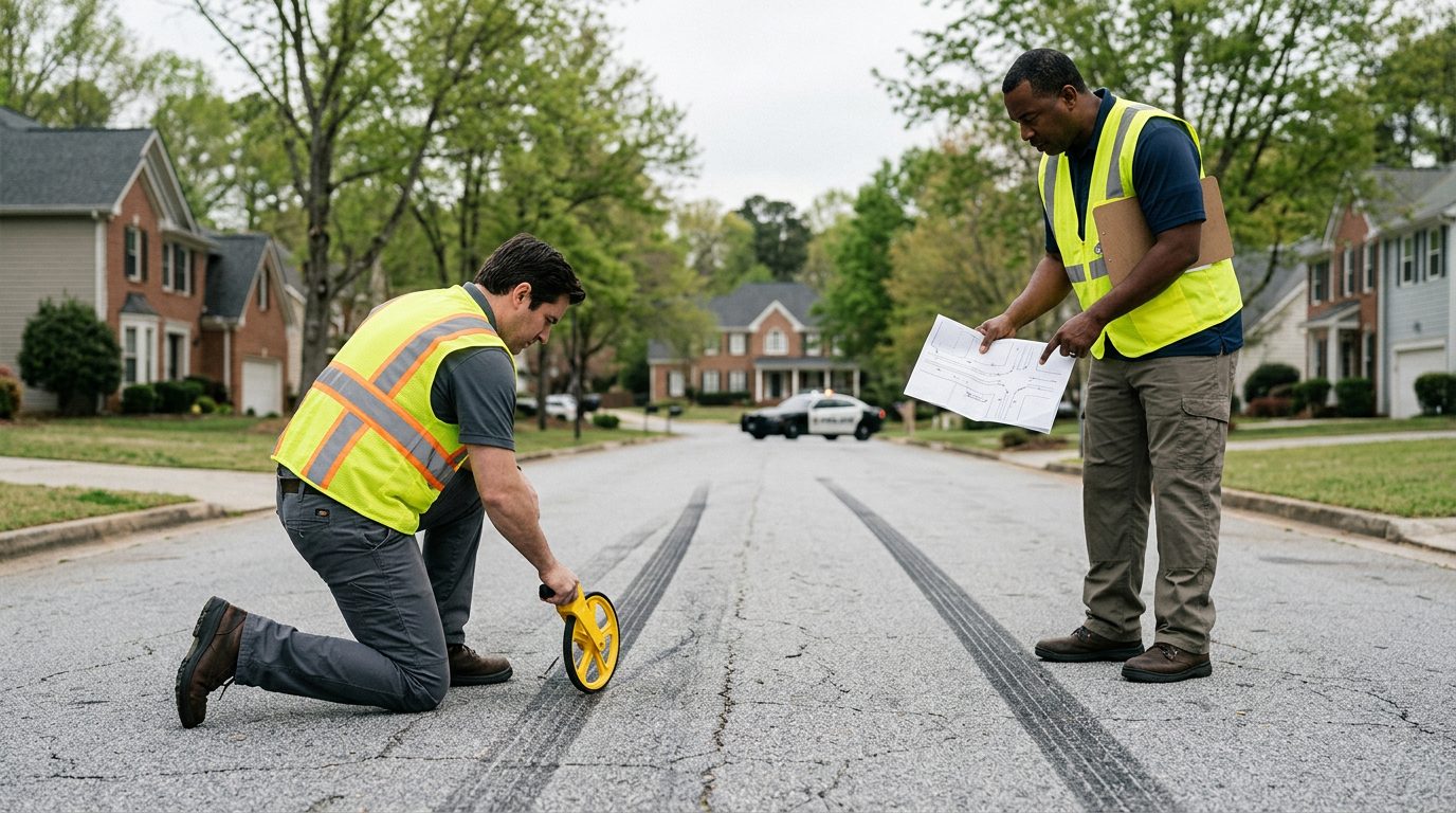 A crash investigator measures skid marks on a quiet suburban road in daylight, holding a folded traffic diagram.