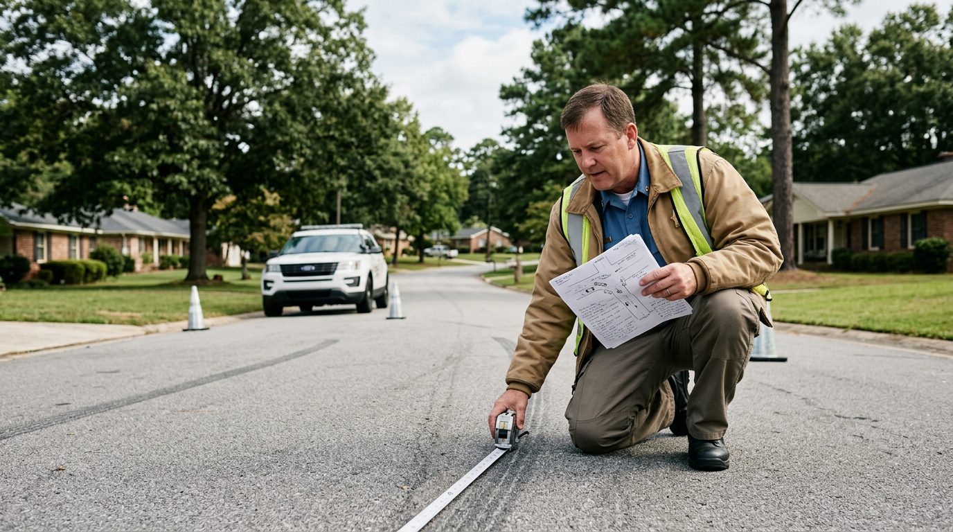 A crash investigator measures skid marks on a quiet suburban road in daylight while holding a folded traffic diagram.
