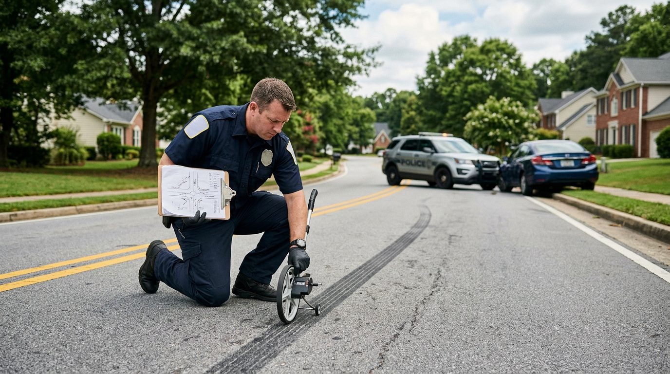 A crash investigator measures skid marks on a quiet suburban road in daylight, next to a folded traffic diagram.