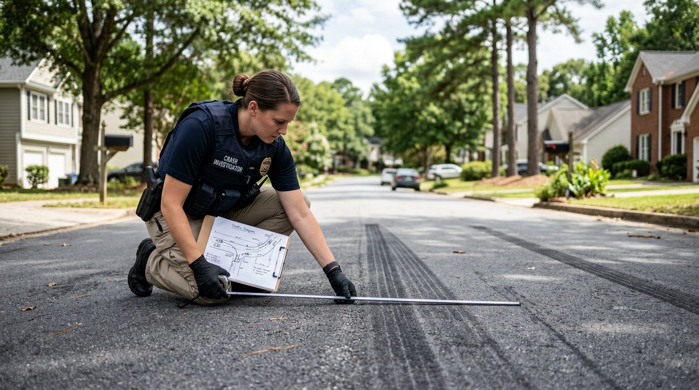 A crash investigator measures skid marks on a quiet suburban road in daylight while holding a folded traffic diagram.