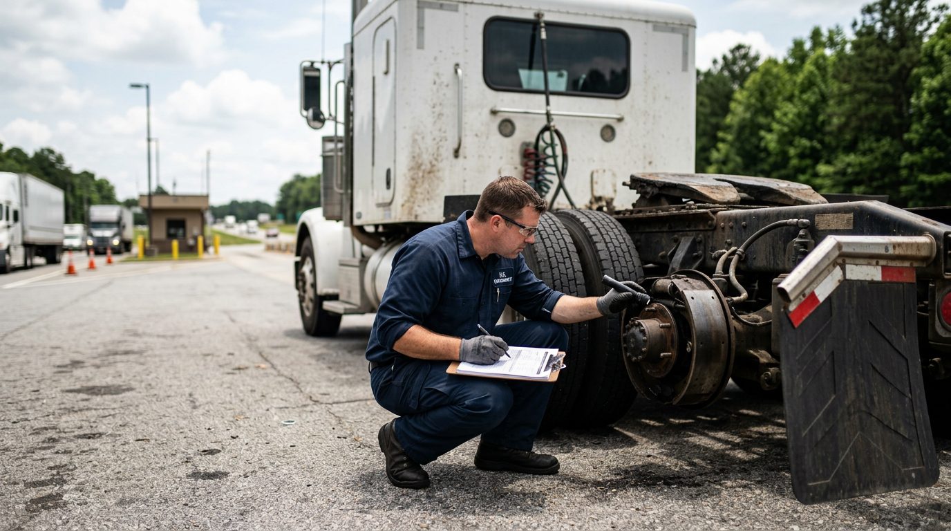 A federal inspector checks the brake system of a parked eighteen-wheeler at a highway weigh station at midday.