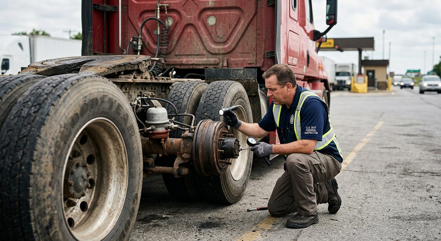 A federal inspector checks the brakes of a parked eighteen-wheeler at a highway weigh station at midday.