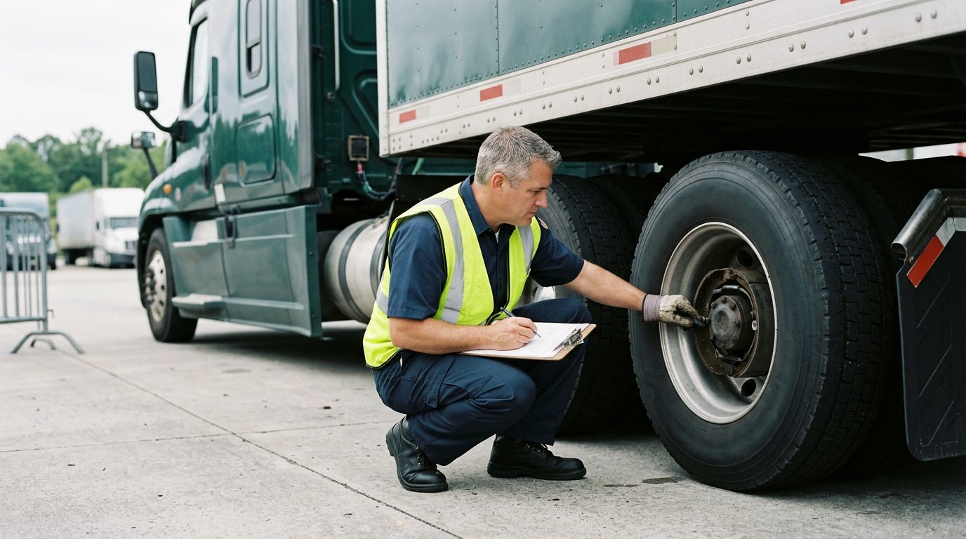 A federal inspector examines the brake system of a parked eighteen-wheeler at a highway weigh station at midday.