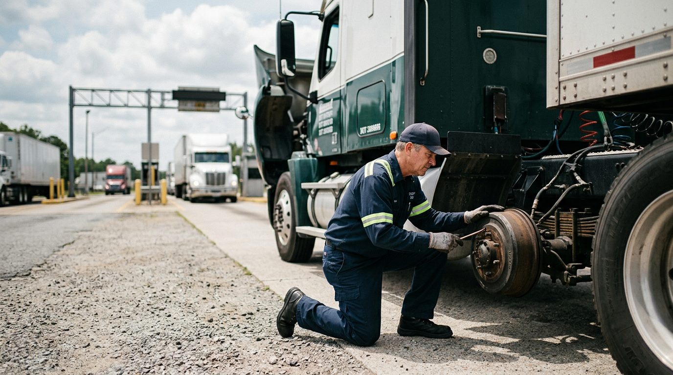 A federal inspector examines the brake system of a parked eighteen-wheeler at a highway weigh station.