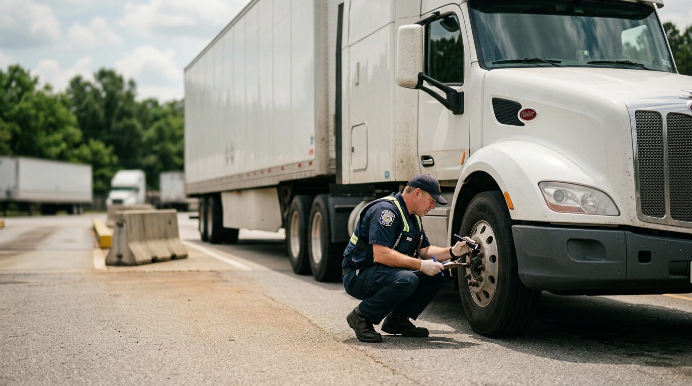 A federal inspector examines the brake system of a parked eighteen-wheeler at a highway weigh station.