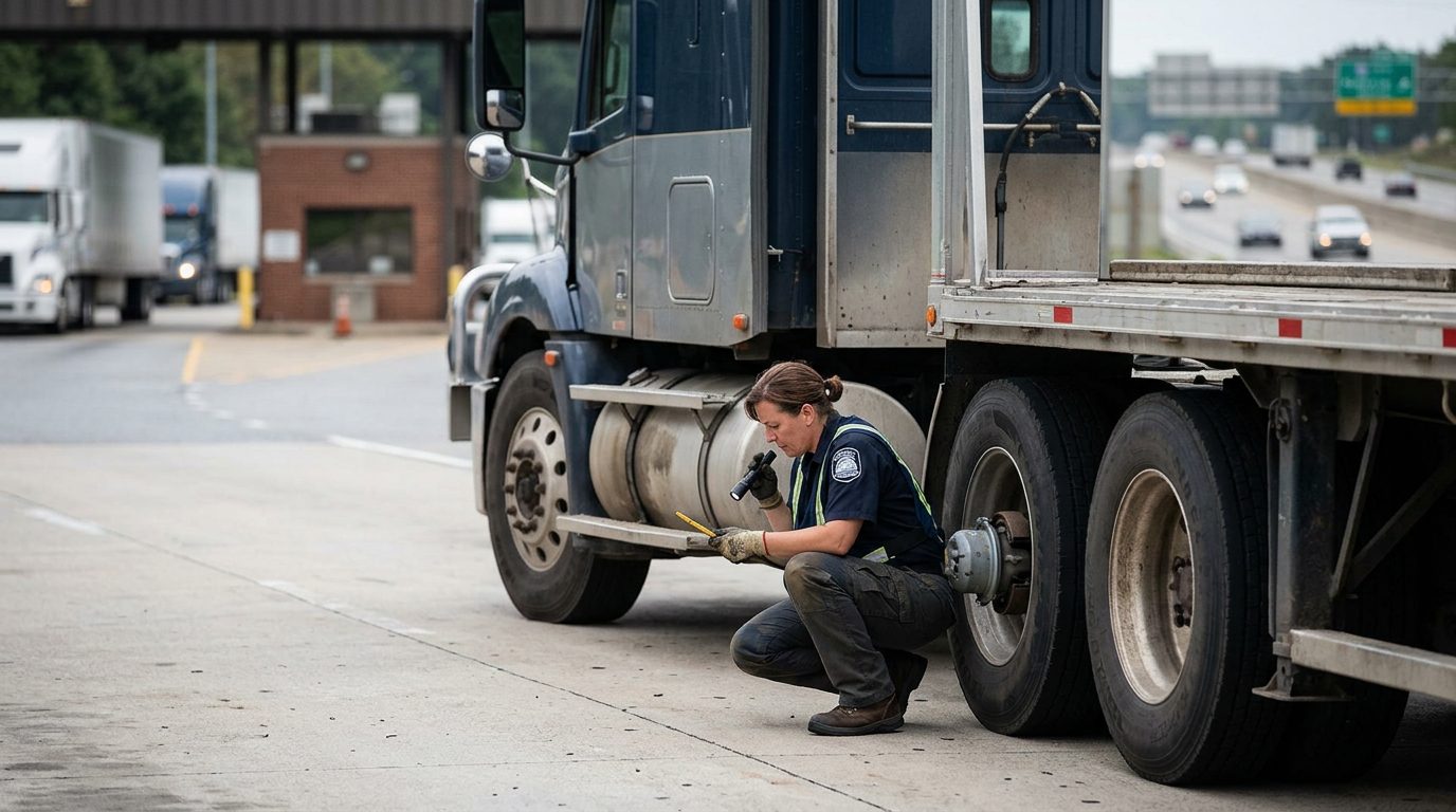 A federal inspector examines the brakes of a parked eighteen-wheeler at a highway weigh station at midday.