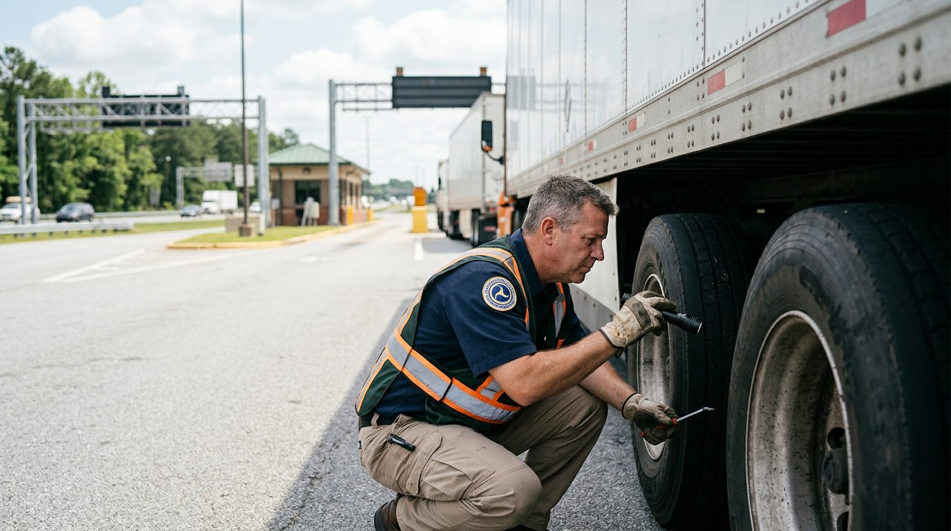 A federal trucking inspector examines the brake system of a parked eighteen-wheeler at a highway weigh station at midday.