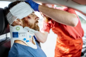 A person, seriously injured in a car accident, being attended by EMT.