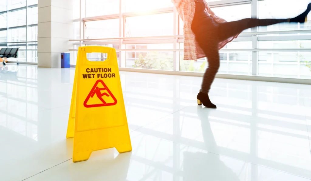 A person slipping on a wet floor.