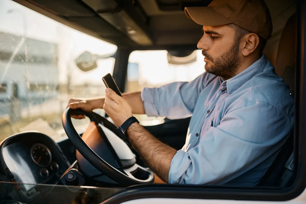 A commercial truck driver, driving while interacting with his cellphone.