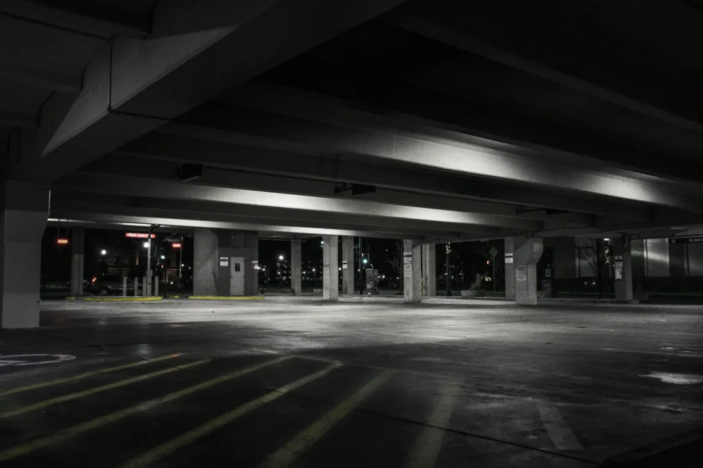 A dark, empty parking garage.