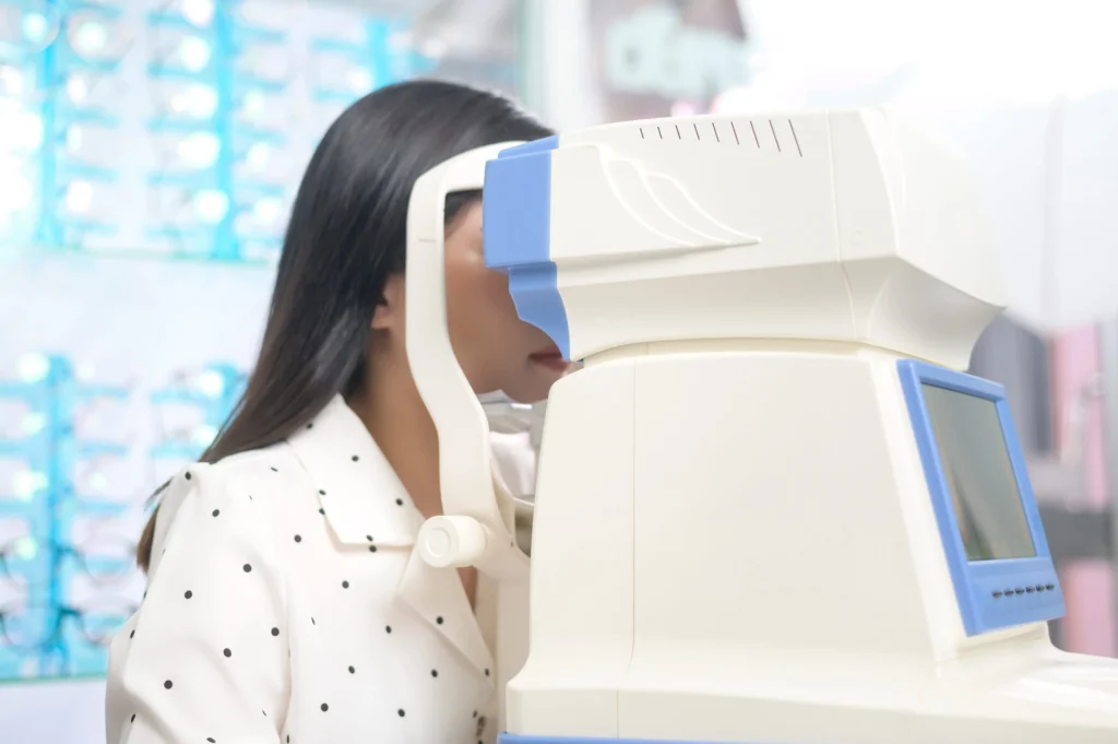 Eye exam: Woman undergoing an eye exam to assess vision loss after a medication error