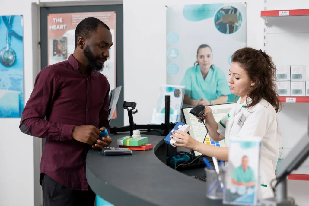 Patient at the counter: Patient reviewing a new prescription with a pharmacist before taking it